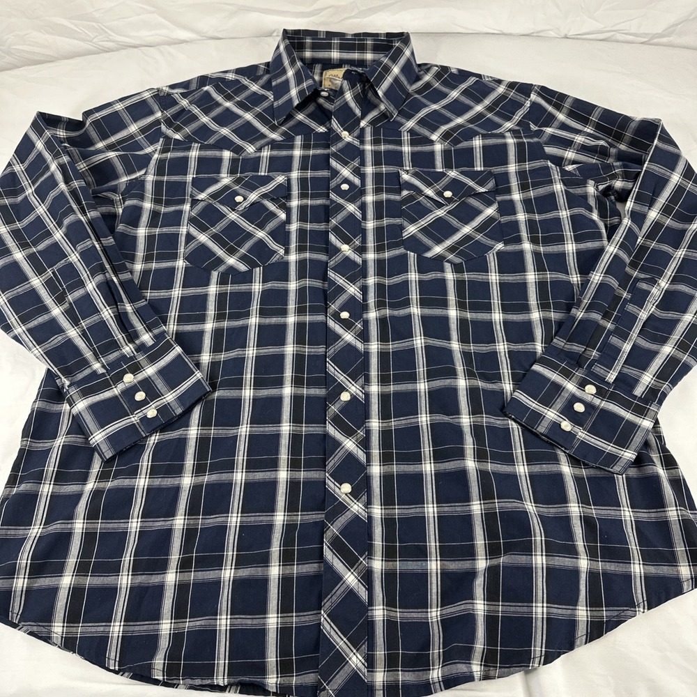 Wrangler Western Shirt Mens XL Navy Blue Plaid Pearl Snap Long Sleeve 112325174